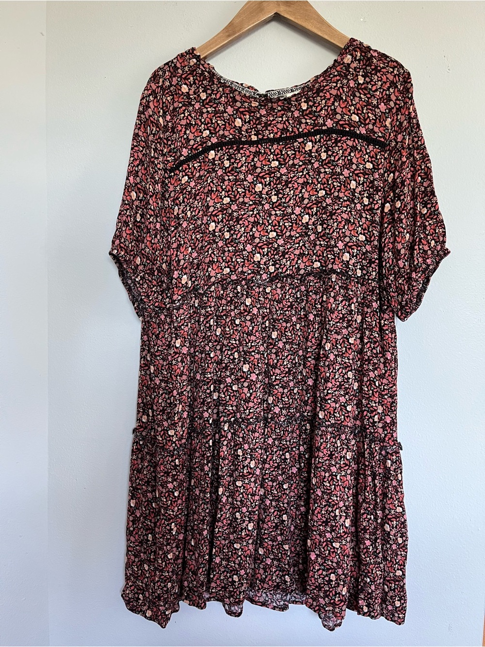 Knox Rose Boho Midi Dress XL Floral Shift Tiered Prairie Granola Cottage Peasant